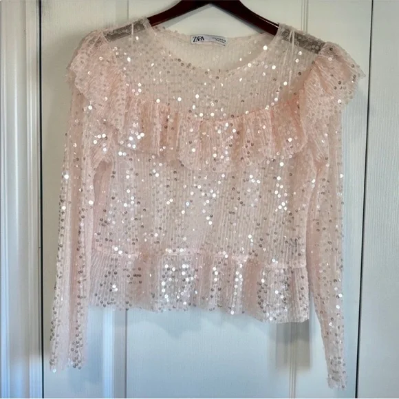 Zara Petal Pink Sequin Ruffle Blouse Medium Party Date Holidays - Picture 2 of 8